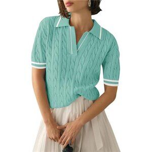 Women’s Short Sleeve Lightweight Cable Knit Sweater Top Mint Green V-Neck Blouse